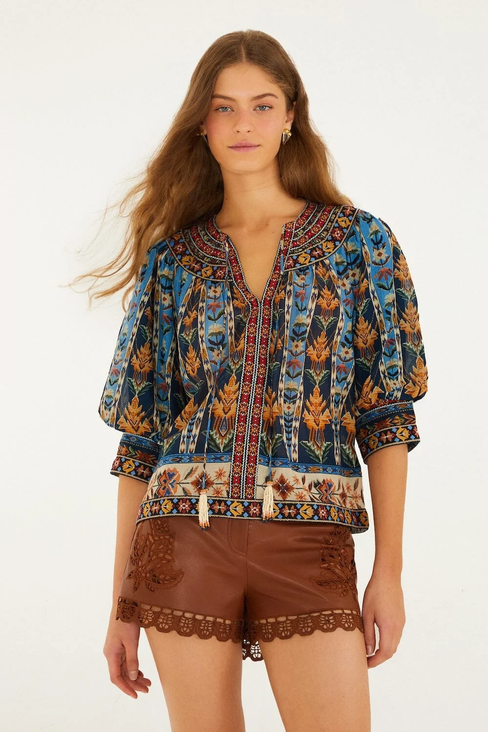 Blue Embroidered Tapestry Blouse