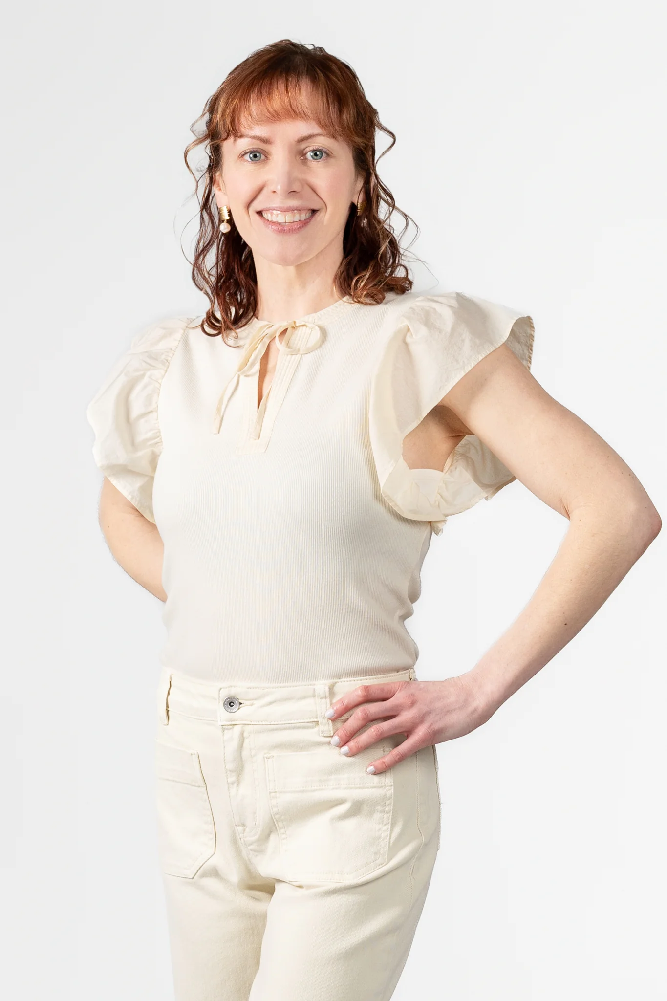 Cream Short Ruffle Sleeve Winston Top