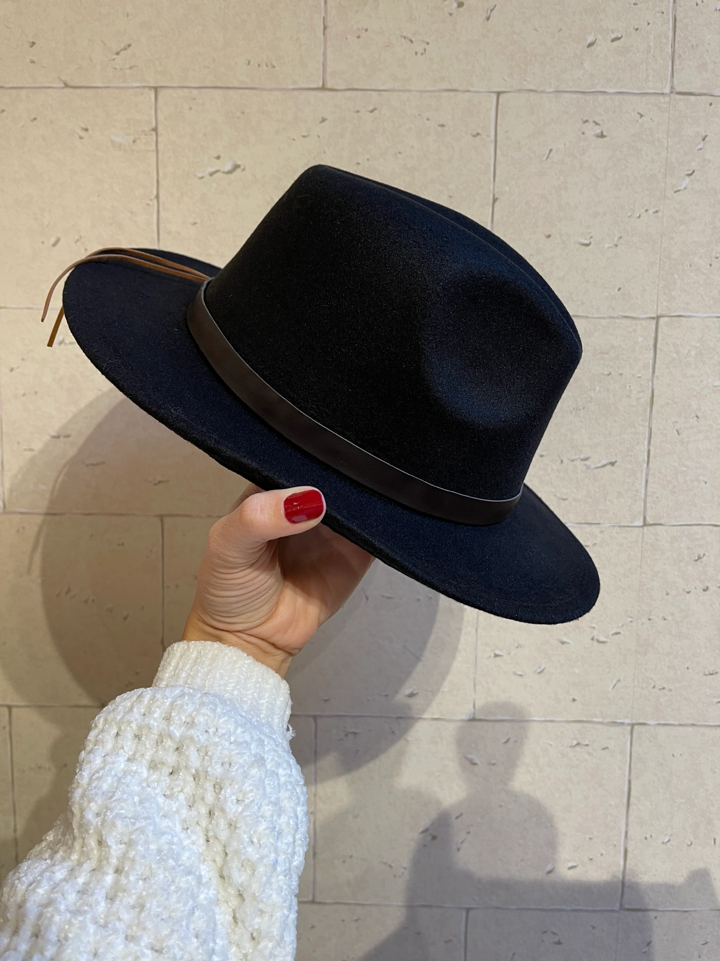 Black Hat With Brown Leather Stitched Band