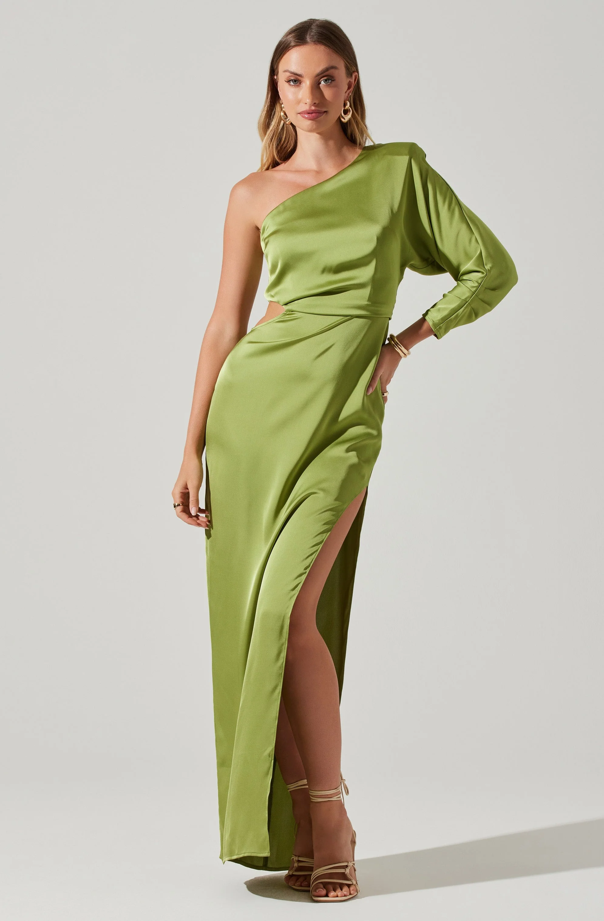 Green One Shoulder Long Sleeve Amari Maxi Dress