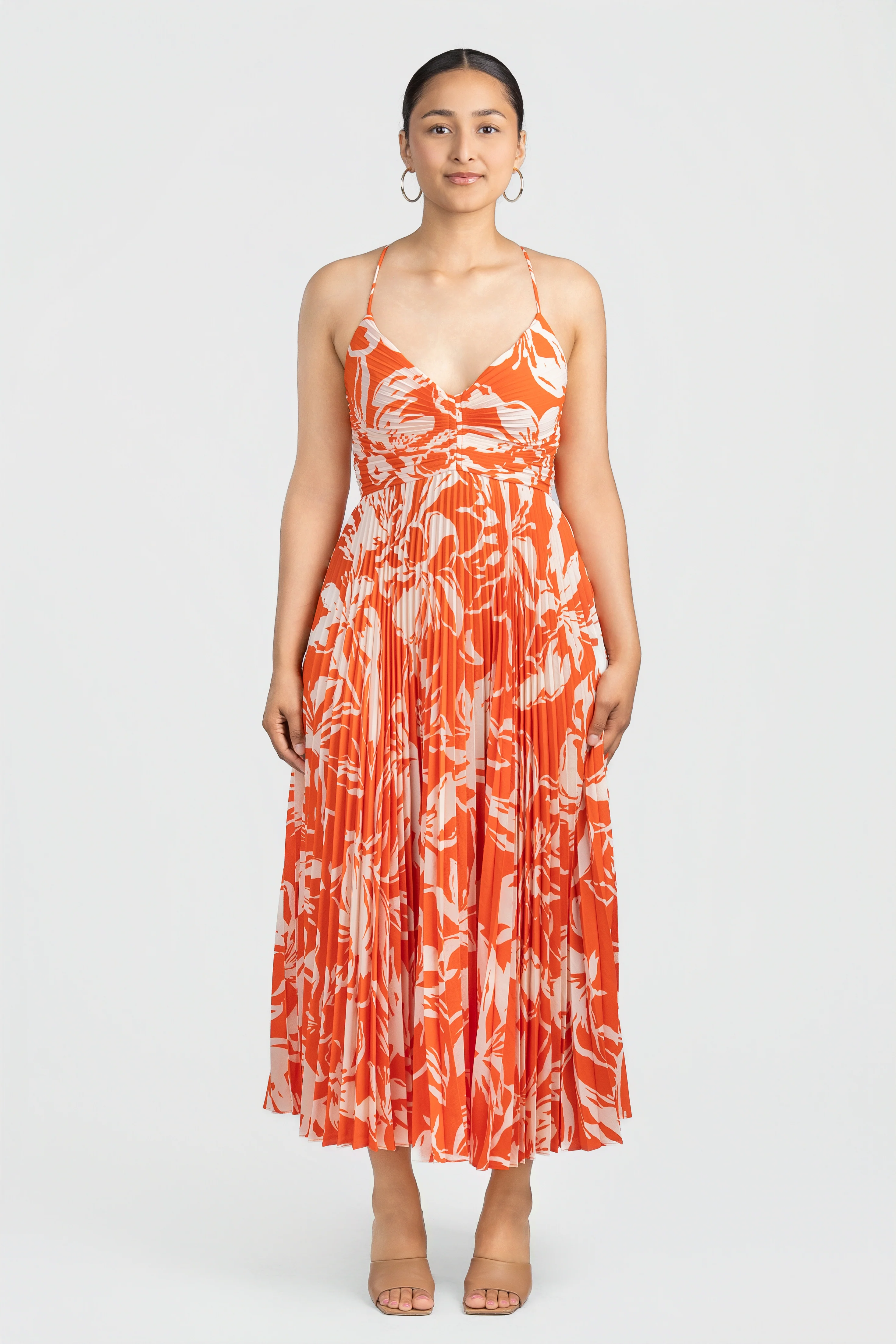 Hot Orange Floral Plisse Blythe Midi Dress