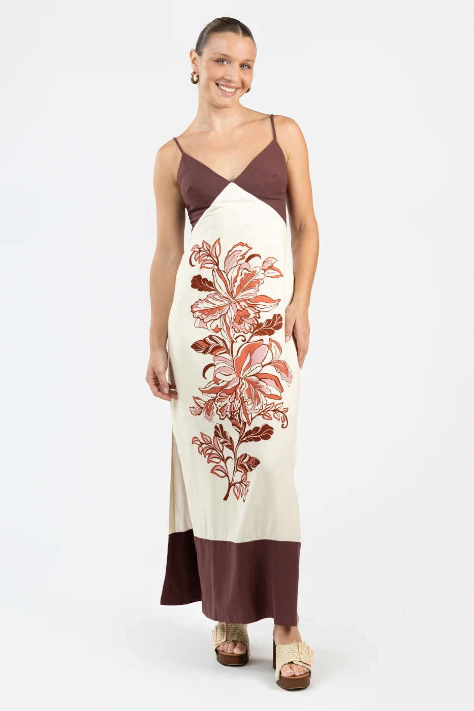 Ivory Brown Floral Maxi Dress