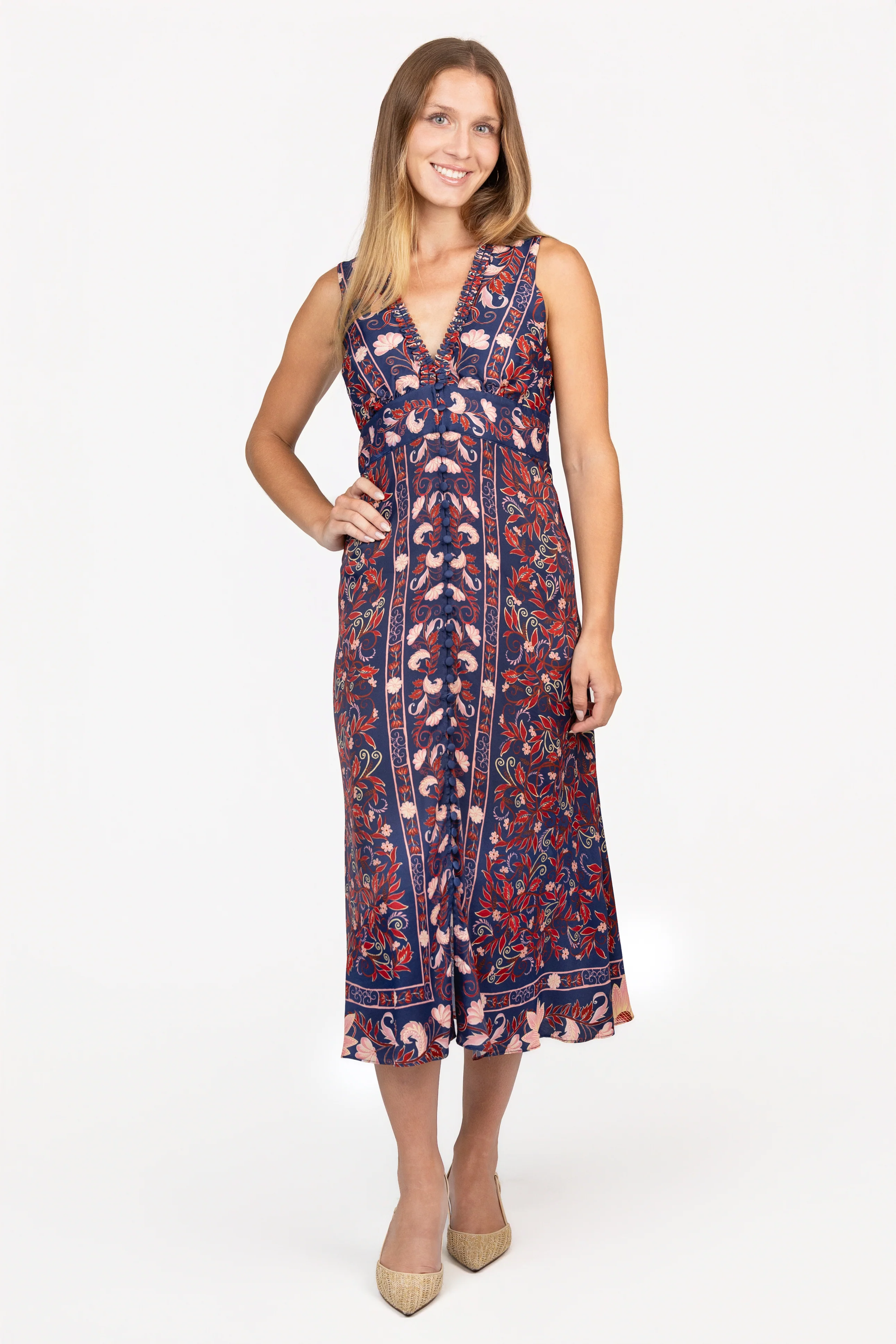 Navy Boho Floral Midi Dress