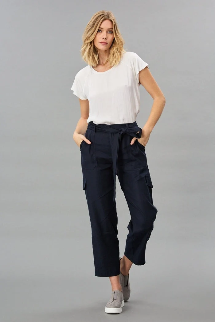 Navy Stretch Linen Cargo Pant