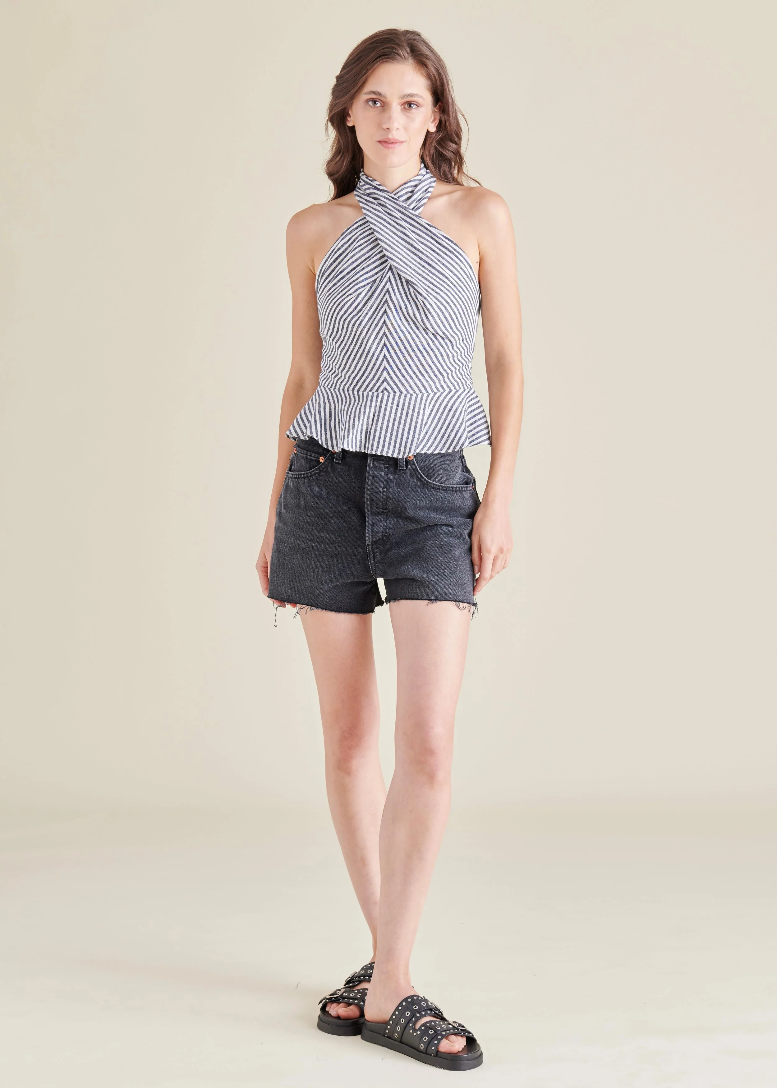 Navy Stripe Wrap Halter Kosta Top