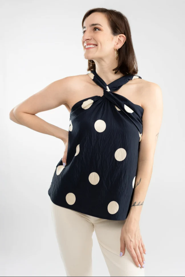 Navy Blue Polka Dot Halter Neck Top