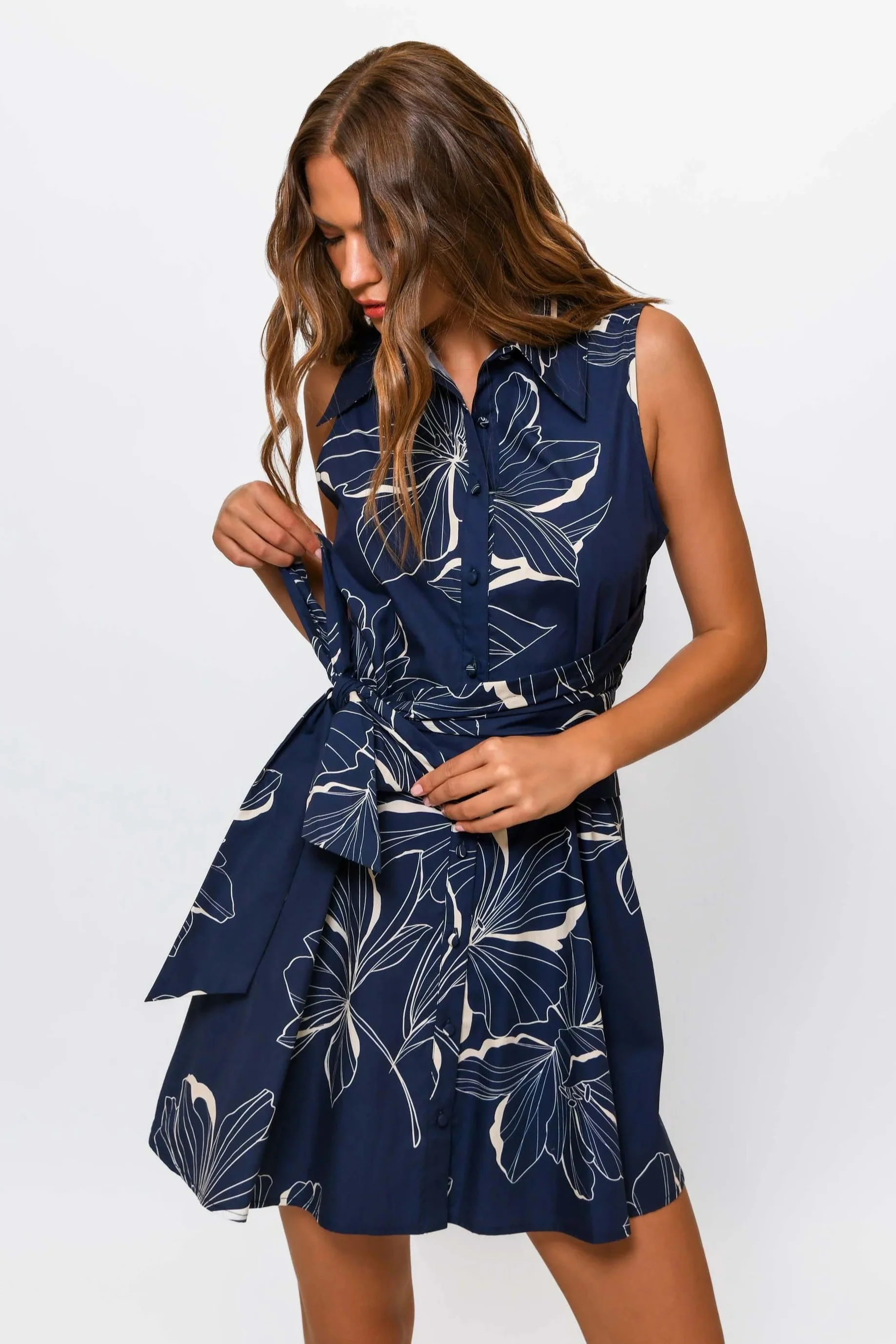Navy Two Tone Floral Cross Tie Biltmore Mini Dress - Image 3