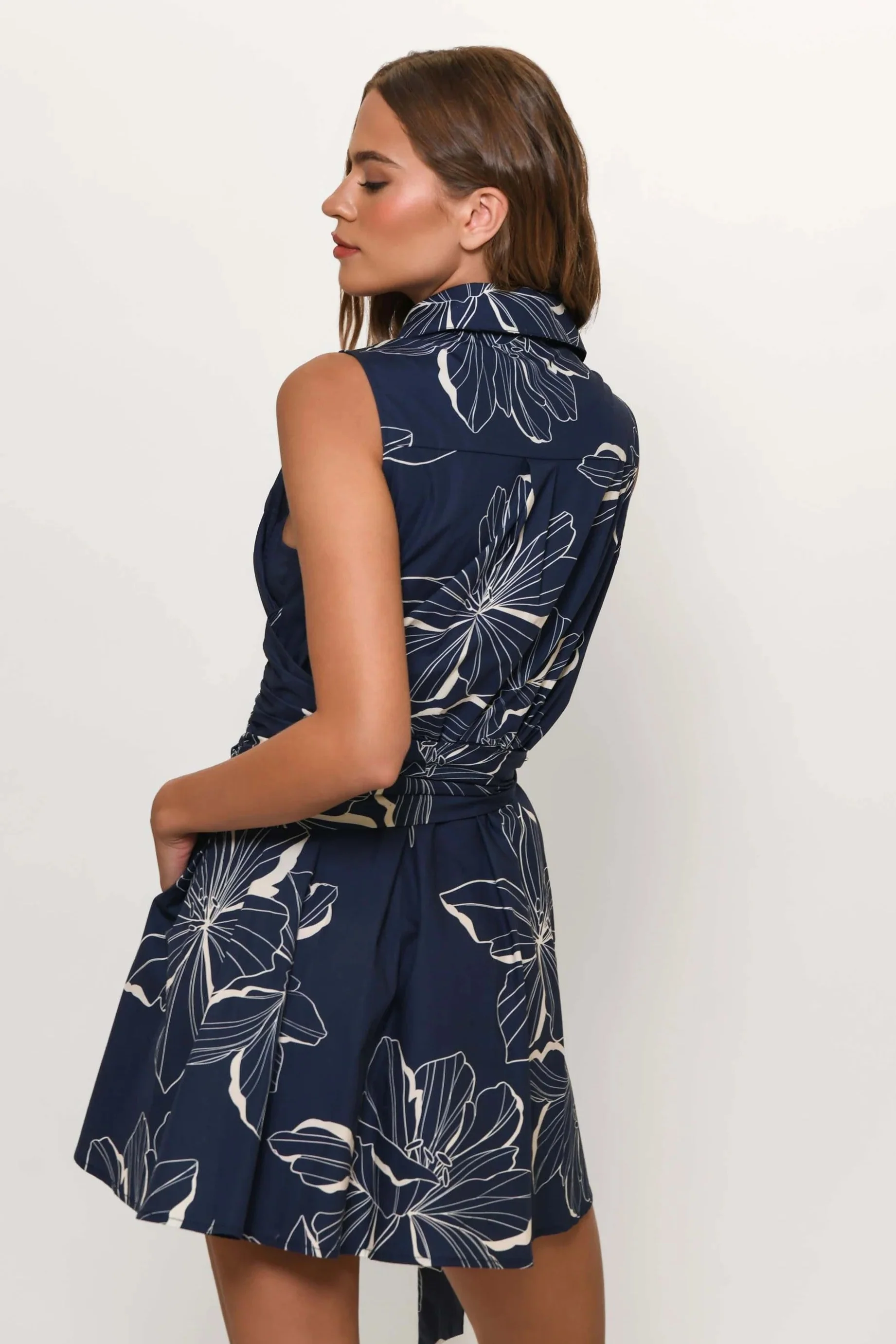 Navy Two Tone Floral Cross Tie Biltmore Mini Dress - Image 2