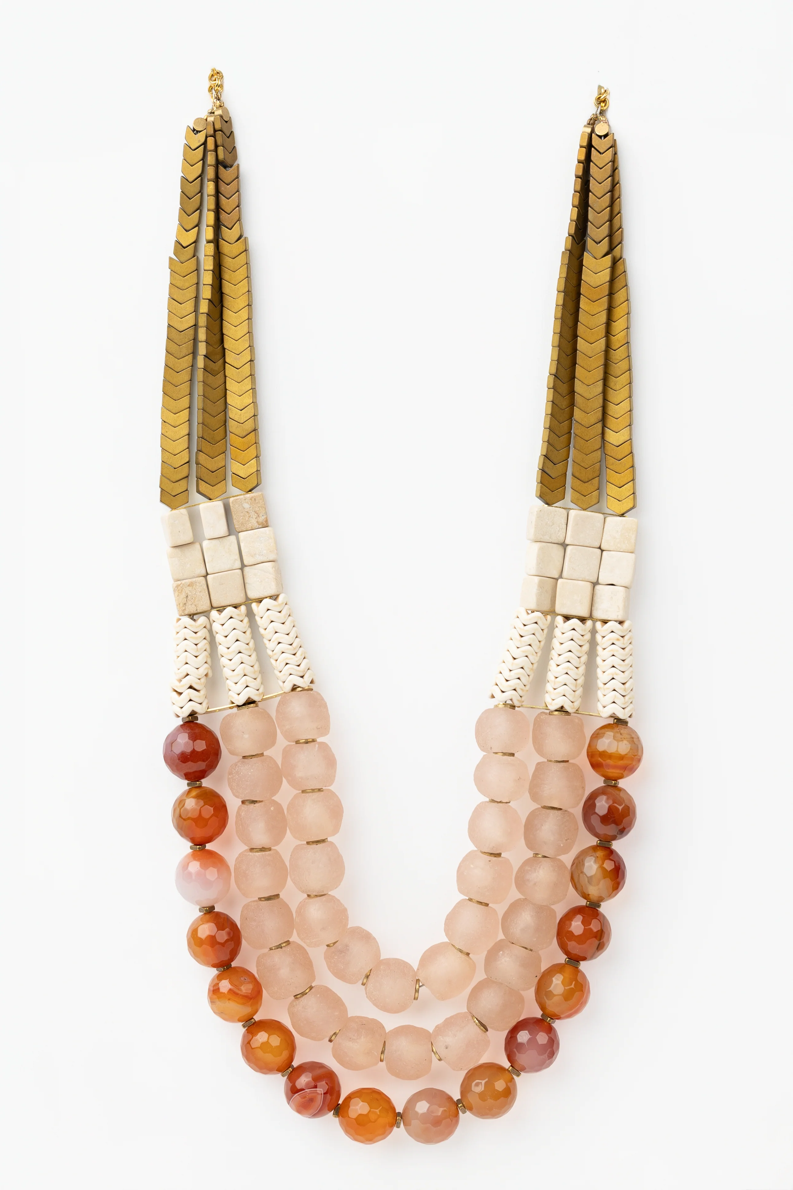 Triple Strand African Glass And Hematite Necklace
