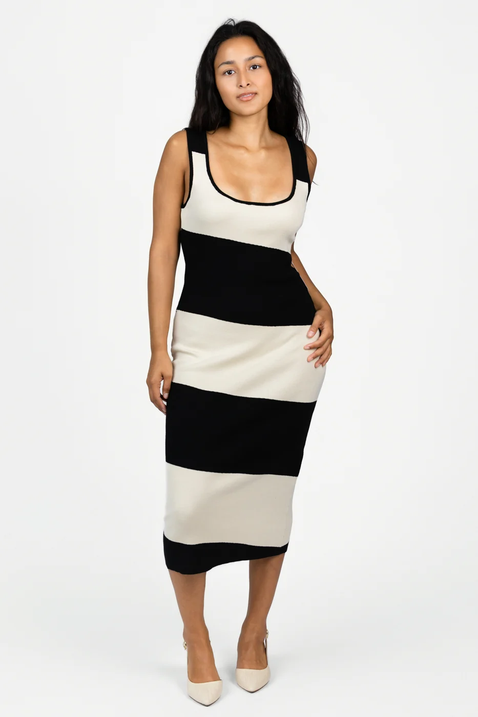 White Black Stripe Knitted Dress