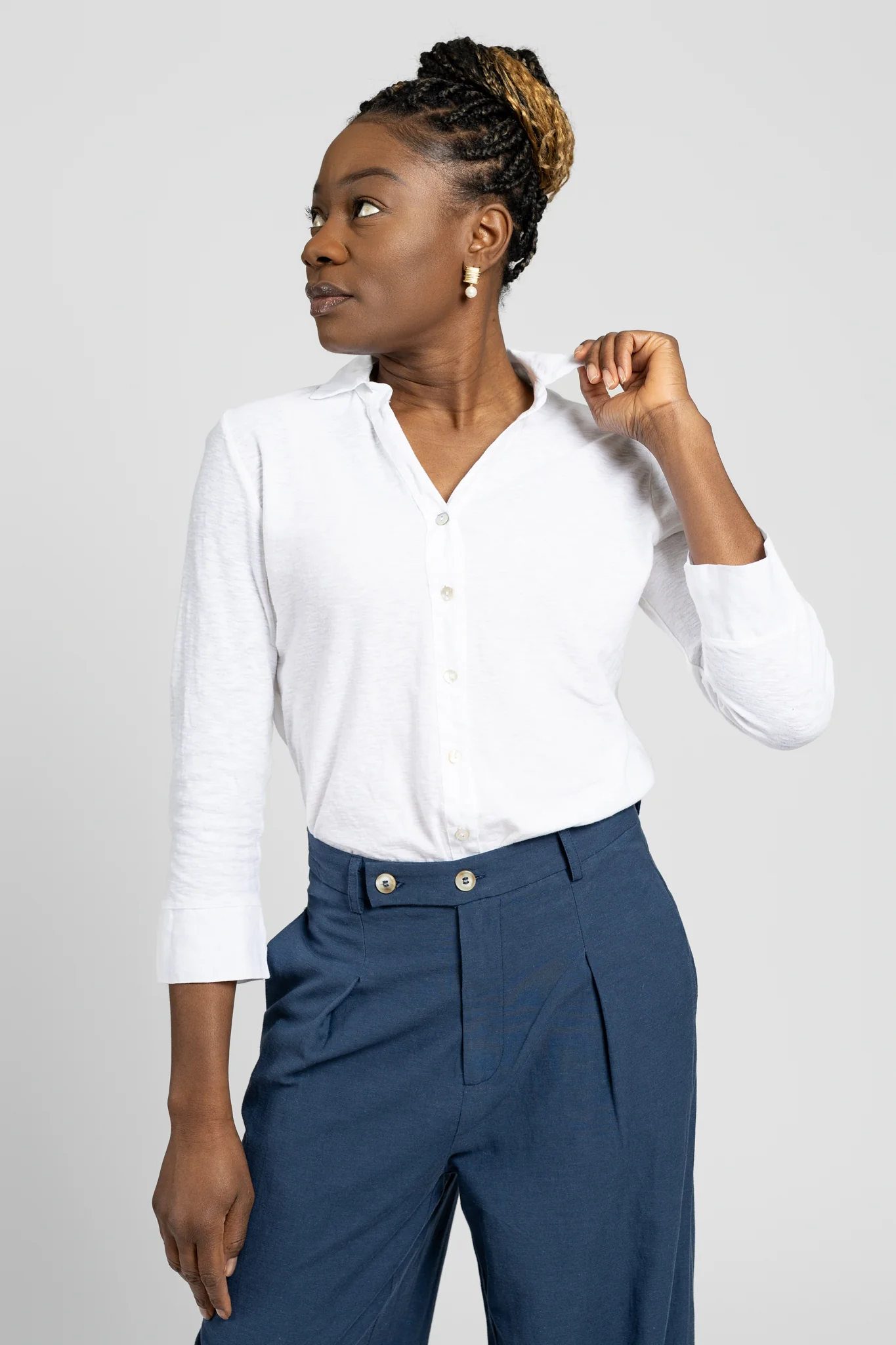 White V-Neck Button Down Shirt