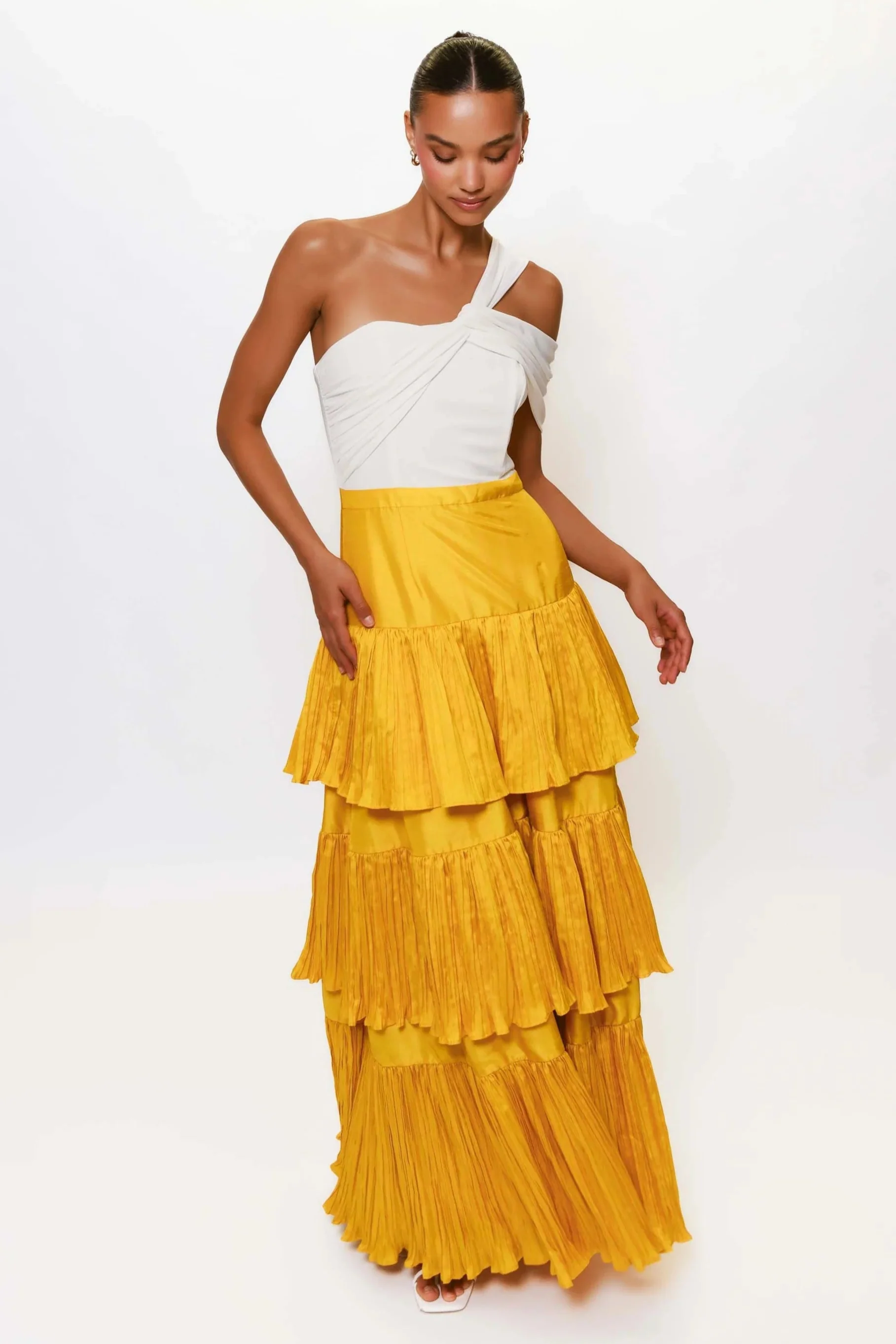 White And Yellow Asymmetrical Shoulder Tiered Rhea Dress